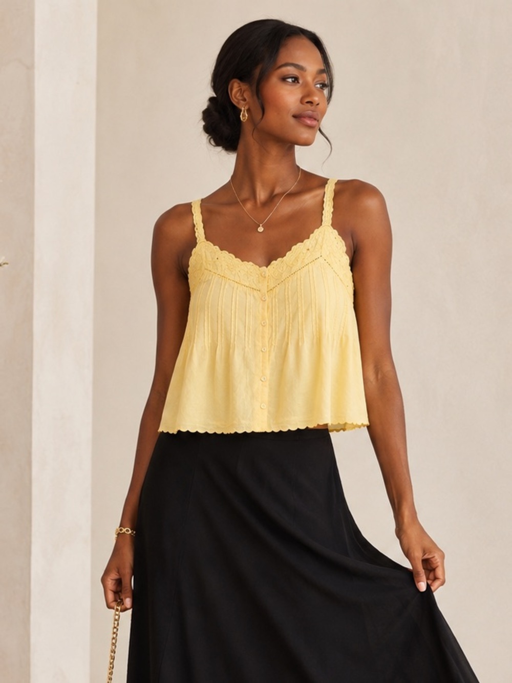 Emerson Lang Yellow 100% Cotton Lace Button Front Camisole Top